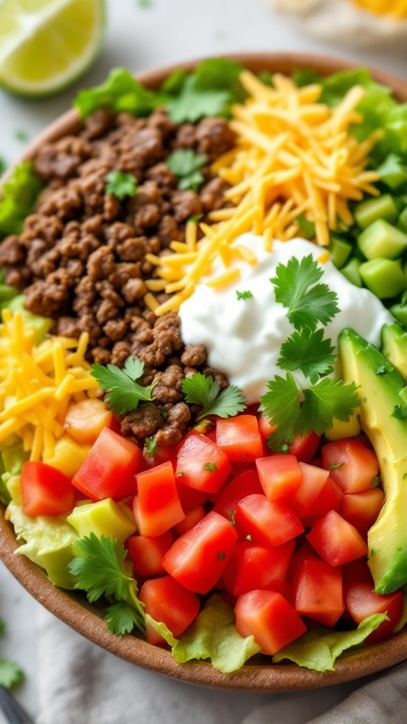 A colorful taco bowl with seasoned beef, lettuce, tomatoes, avocado, and toppings, served with a lime wedge.